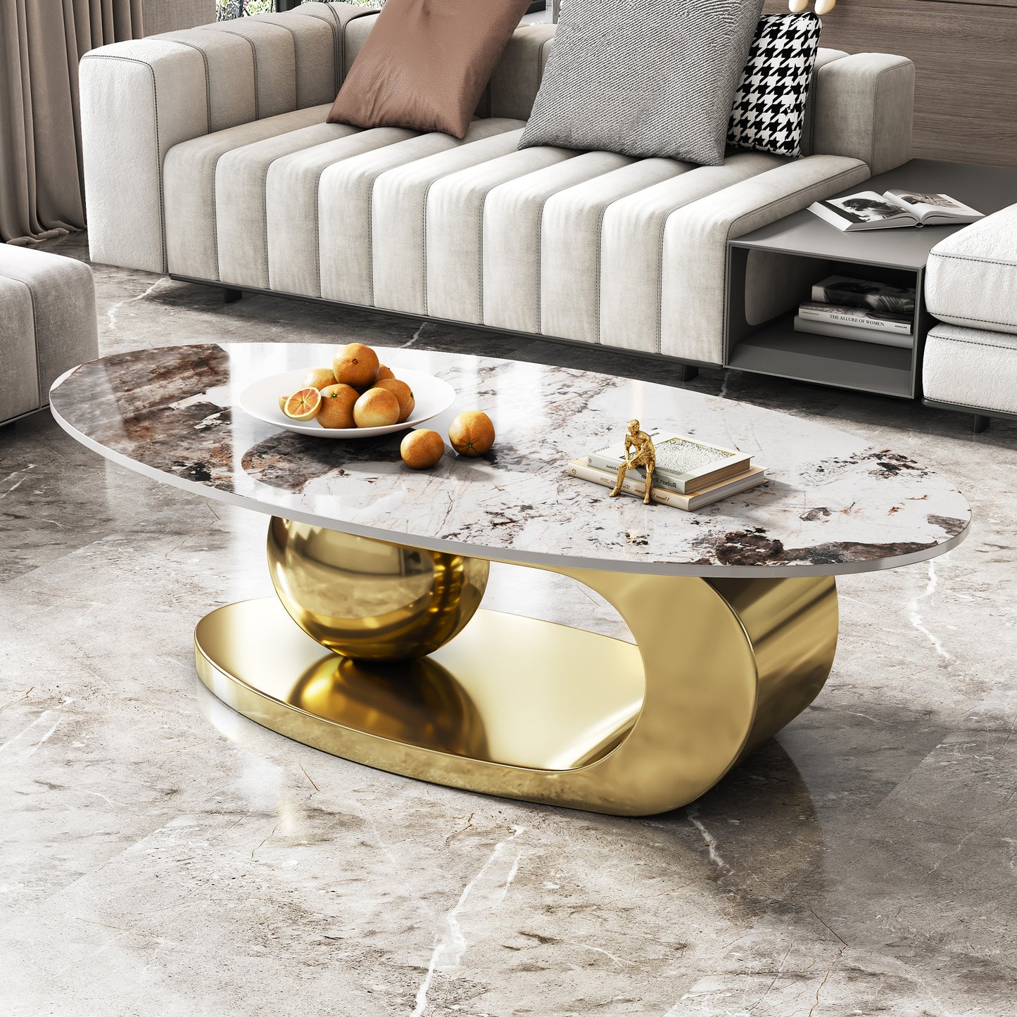 Oval Faux Marble Coffee Table with Stainless Steel Base - Gold Multi
