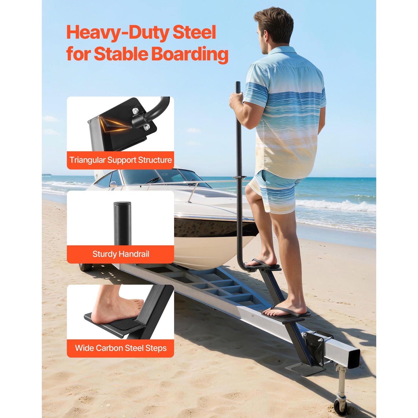 Heavy-Duty Boat Trailer Steps with Handle - Non-Slip Carbon Steel Ladder, Side Mounting