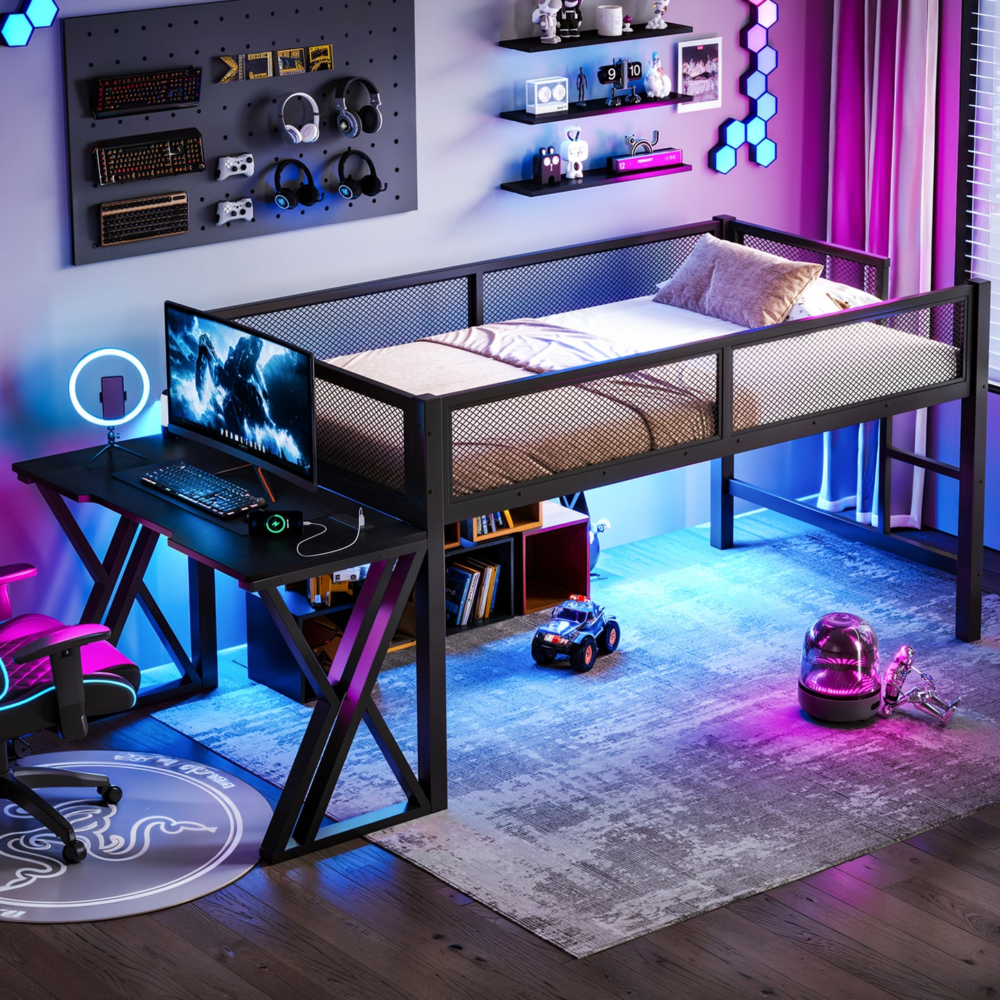 Twin XL Gaming Loft Bed with Desk, LED Lights & USB Ports - Black