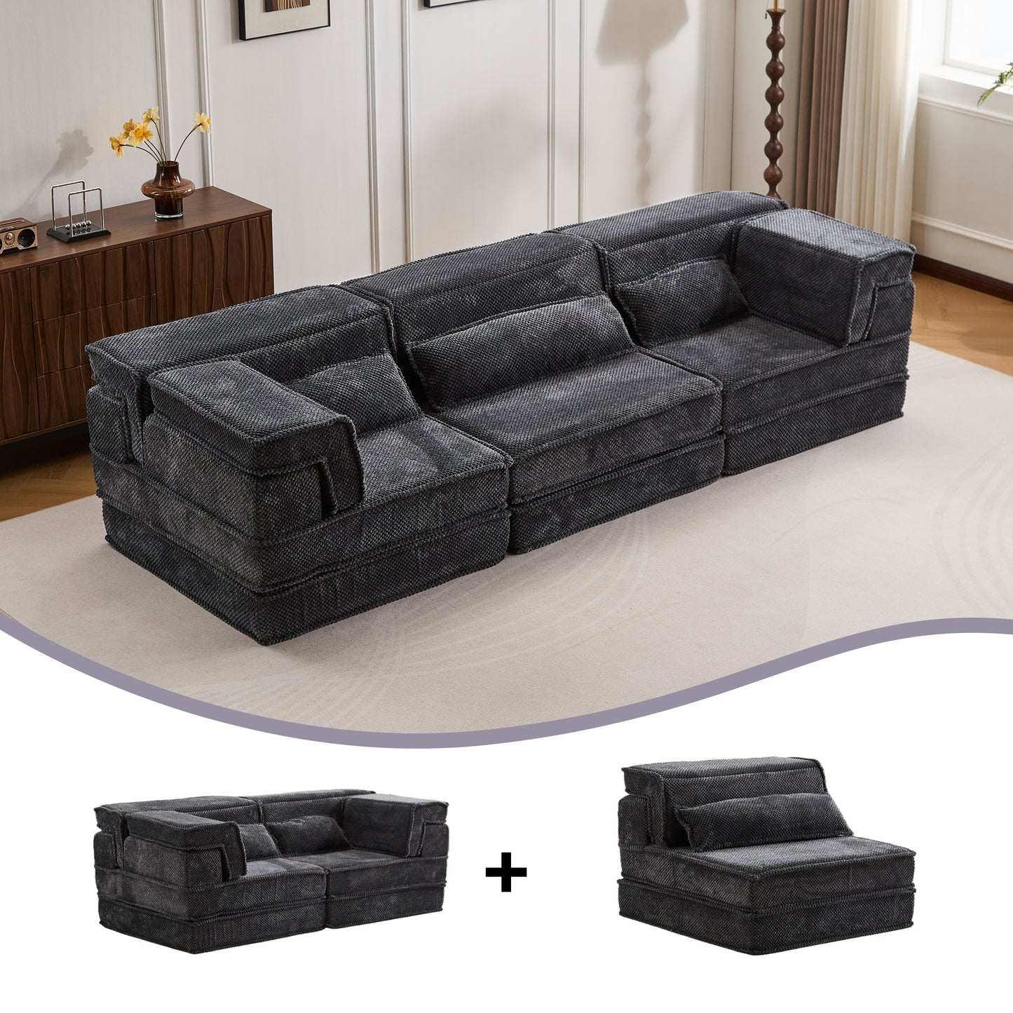 Convertible Floor Sofa Bed - Oversized 3 Seater with Pillows - Dark Gray