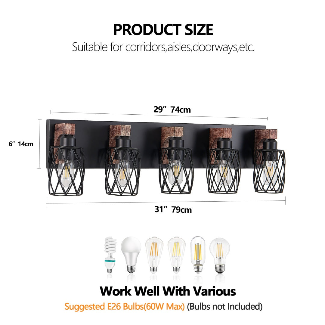 Vintage Industrial 5-Light Wall Sconce - Black Metal Cage & Wood