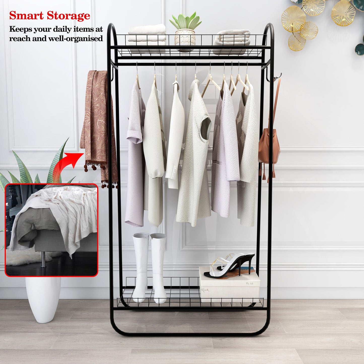 Heavy Duty Freestanding Clothes Rack with Double Shelves - Black
