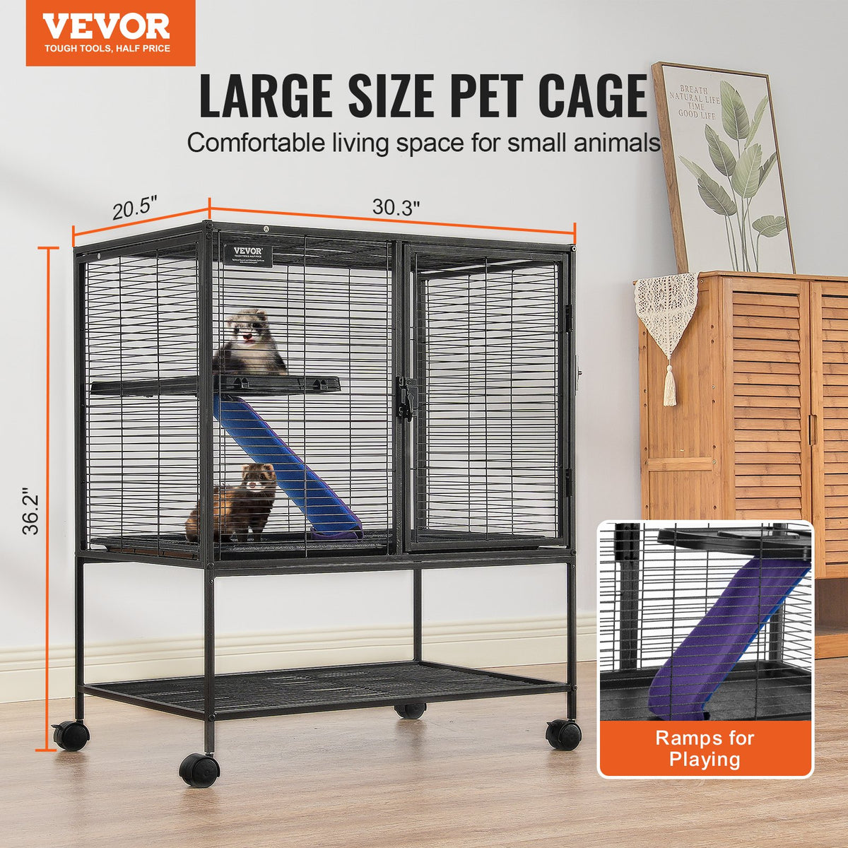 36-Inch Metal Small Animal Cage with Ramp - 2-Tier Rolling Ferret Enclosure, Black