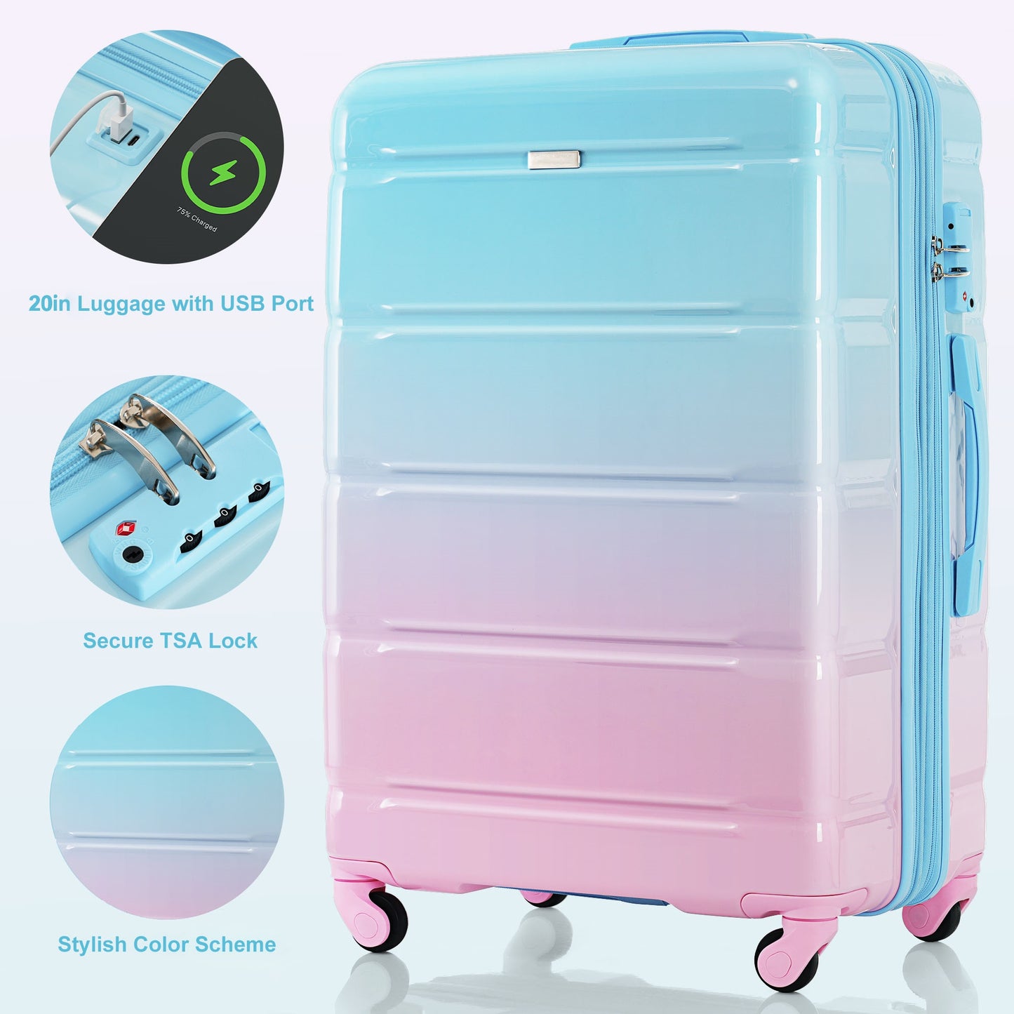 20-Inch Luggage Set with USB Port - 3-Piece Hard Shell in Blue & Pink