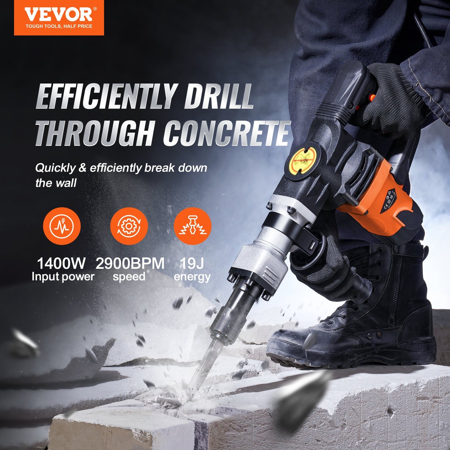 Electric Demolition Hammer 1400W Concrete Breaker with 2 Chisels - Orange