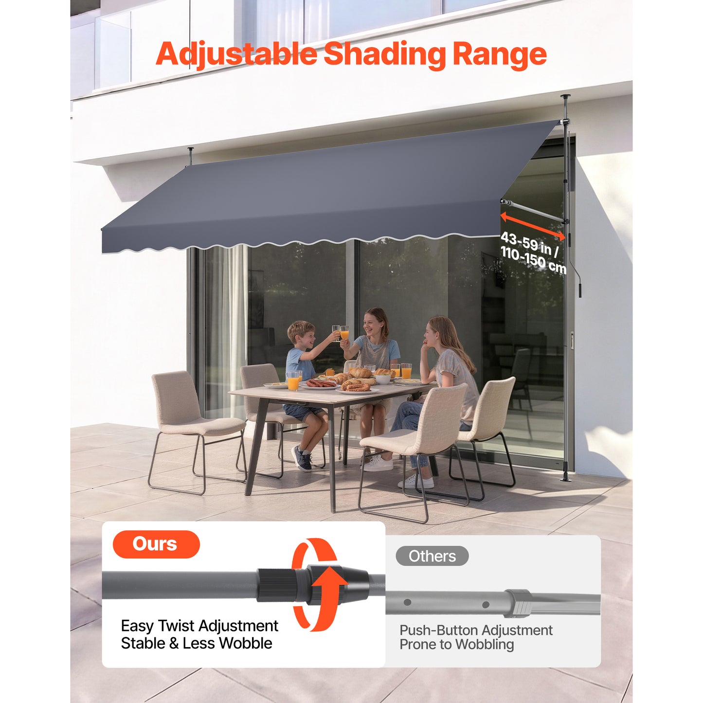Manual Retractable Patio Awning 138" Sunshade Shelter for Garden Balcony