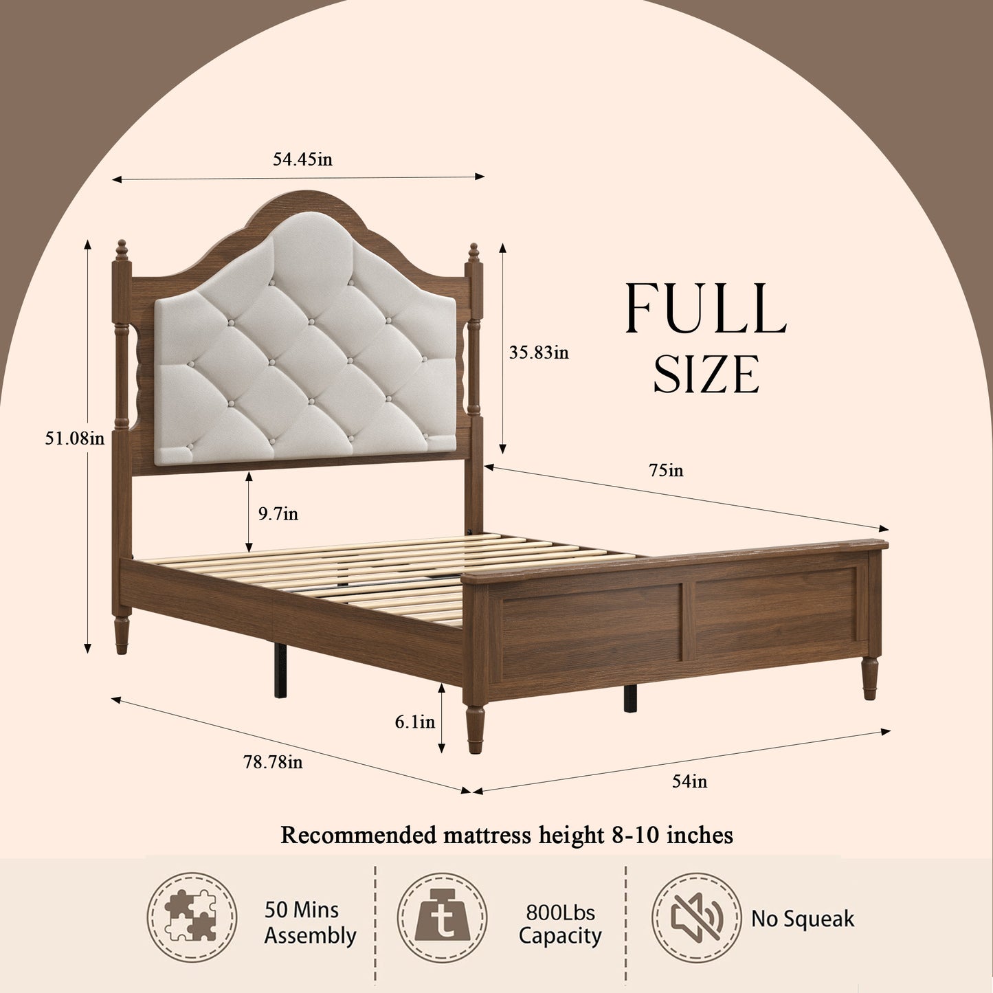 Full Size Wood Platform Bed Frame with Upholstered Headboard - Brown