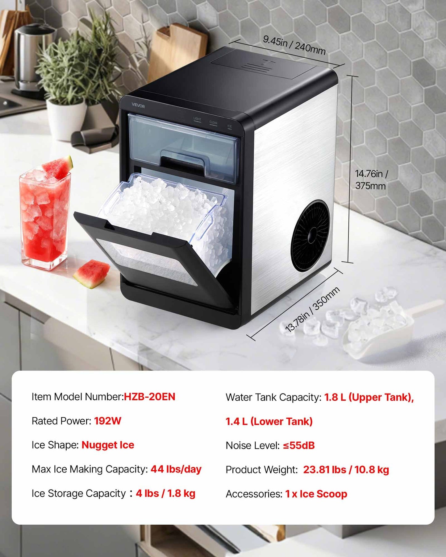 Portable Countertop Ice Maker with Nugget Ice, Self-Cleaning, 44 Lbs/Day, Drawer Access - Home & Kitchen