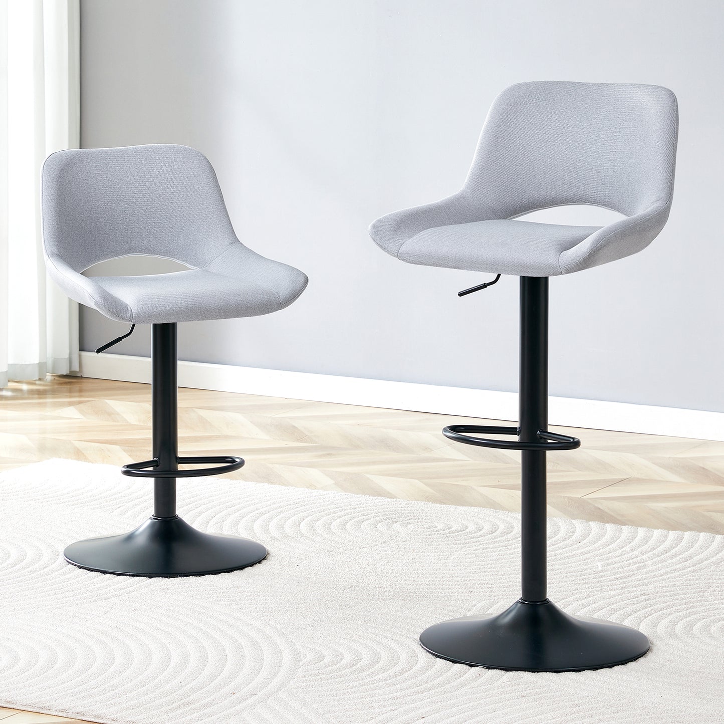 Modern Swivel Adjustable Bar Stools Set - 2 Pack, Light Gray Linen