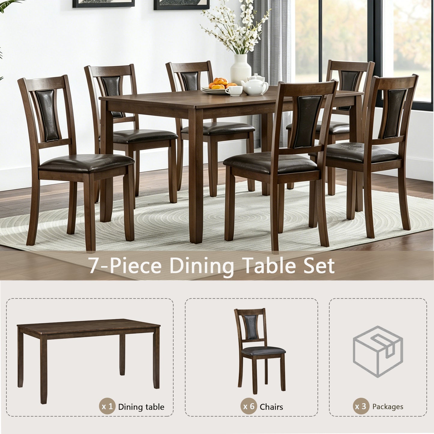 Modern 7-Piece Dining Table Set with 6 Upholstered Chairs - Walnut
