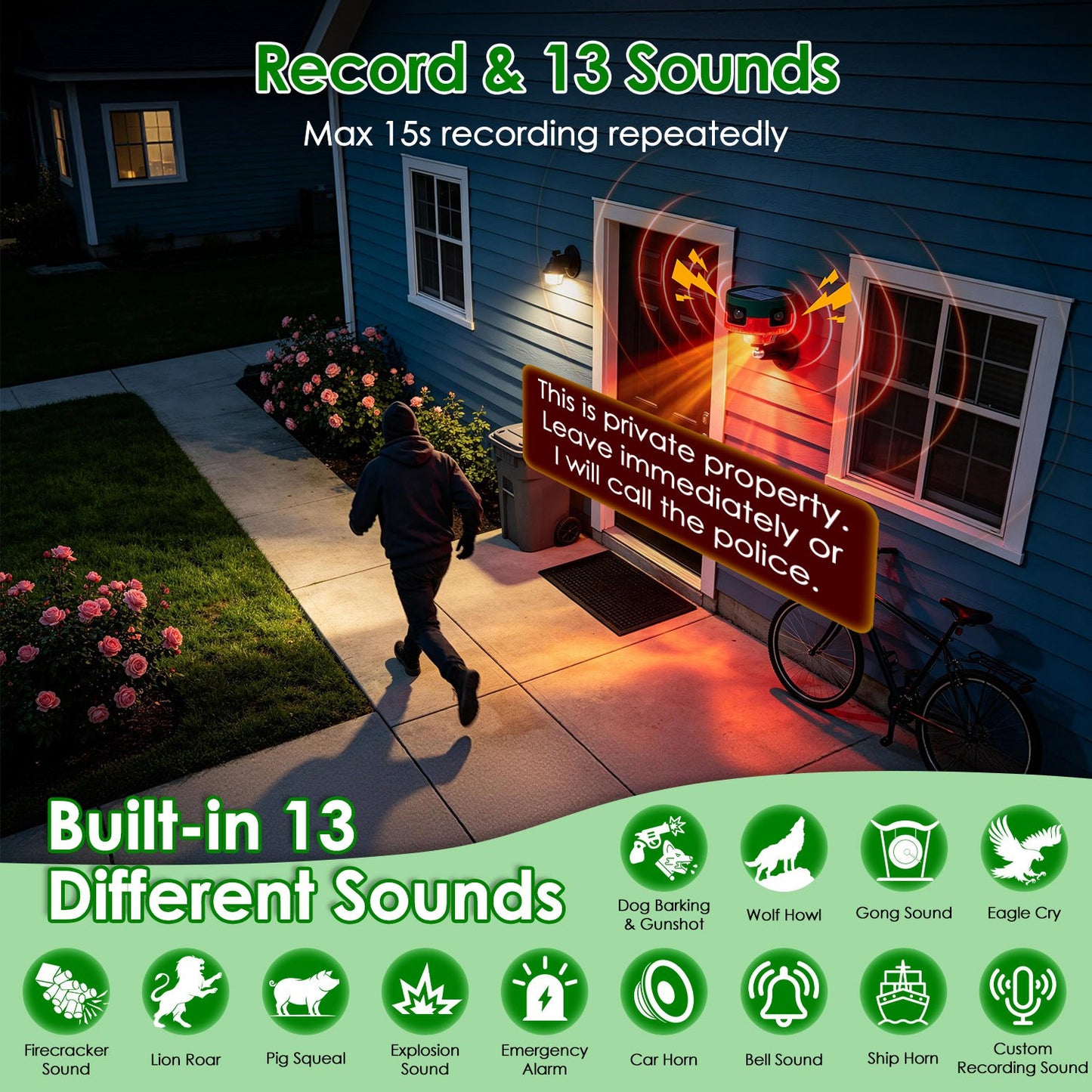 Outdoor Solar Motion Sensor Alarm 129dB with 13 Sounds & Custom Recording, Animal Deterrent, Waterproof Garden Security Light