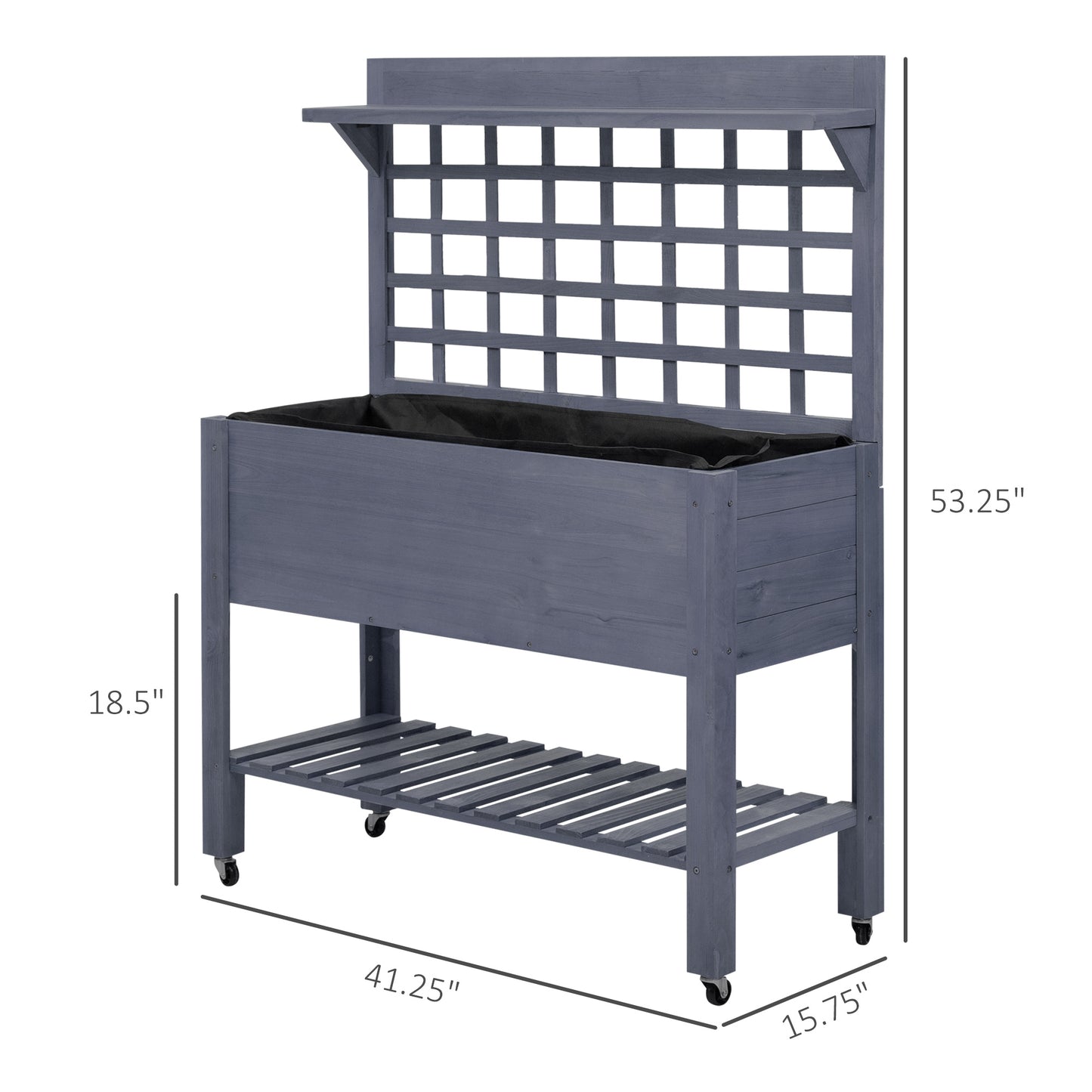 41-Inch Elevated Wooden Garden Bed with Wheels and Trellis - Gray