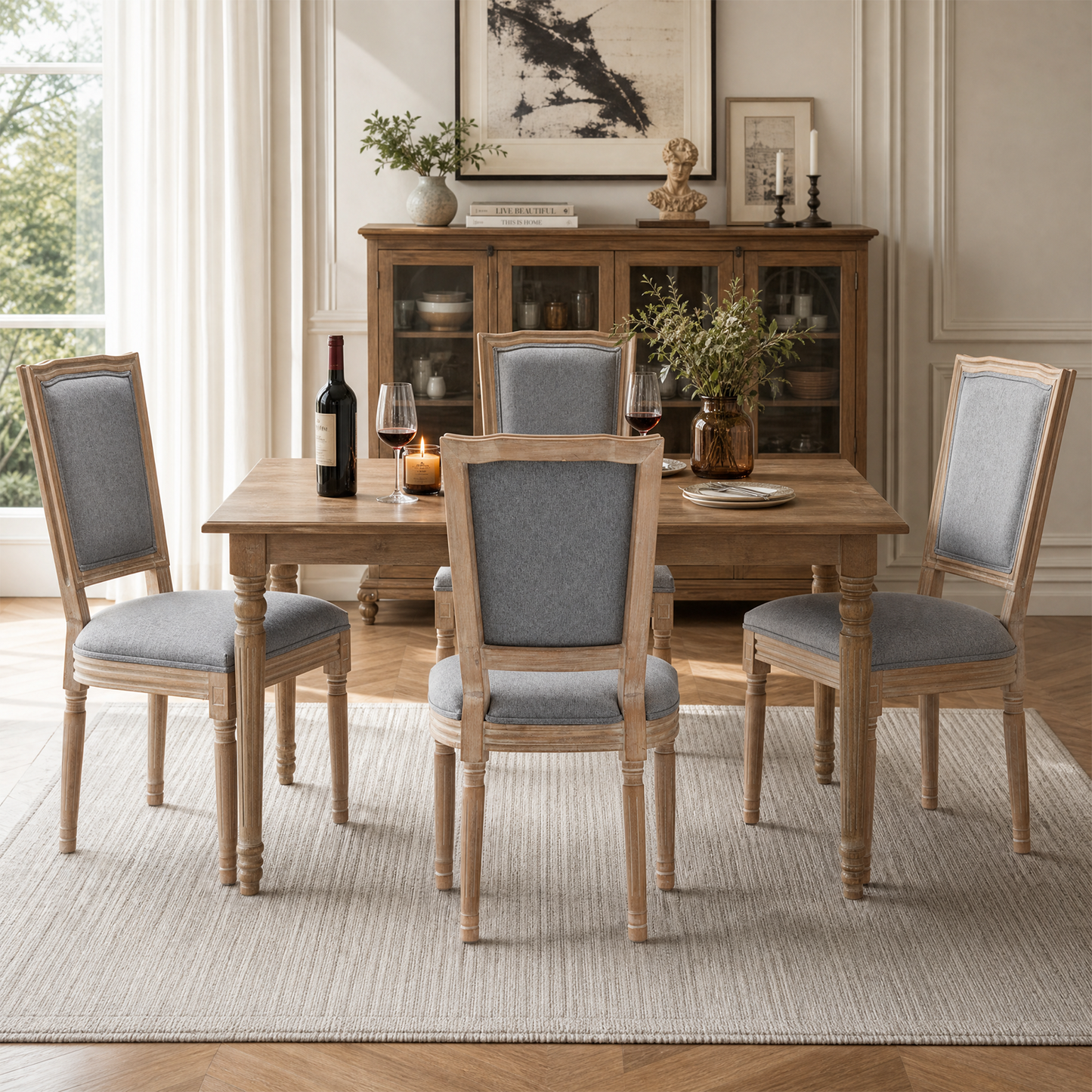 Farmhouse Dining Chairs Set of 2 - Grey Cushioned Linen Seat