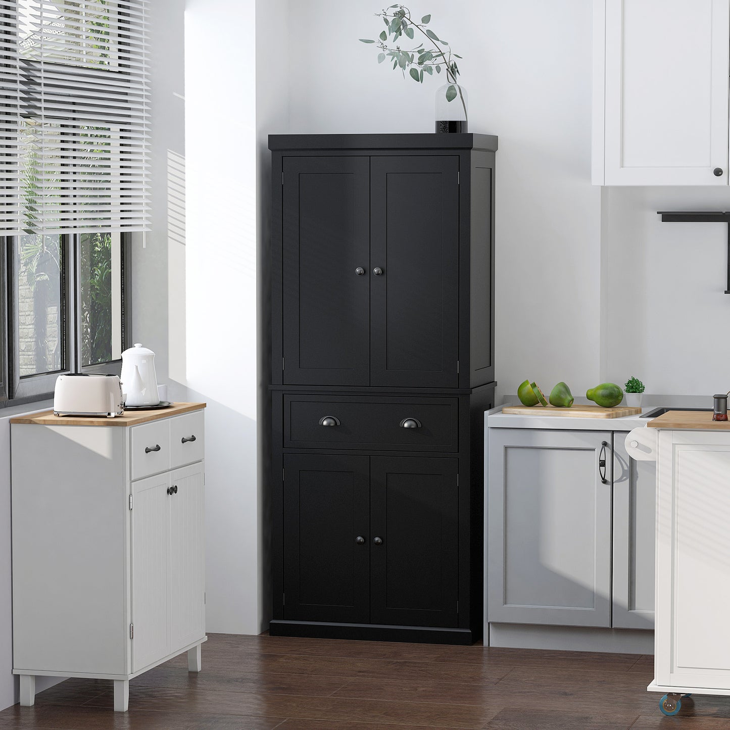 72.5" Freestanding Kitchen Cabinet with Doors & Shelves - Black
