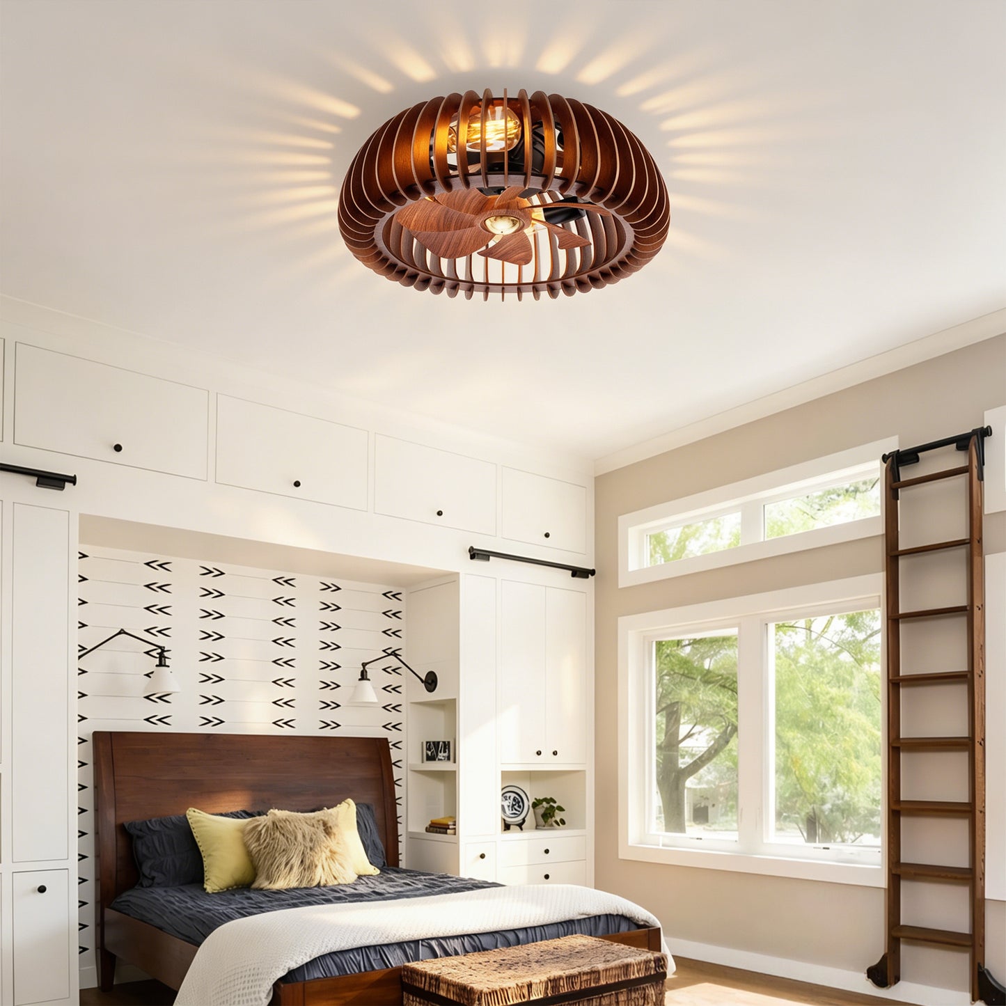 20" Semicircle Modern Flush Mount Ceiling Fan Light with Remote Control - Wood