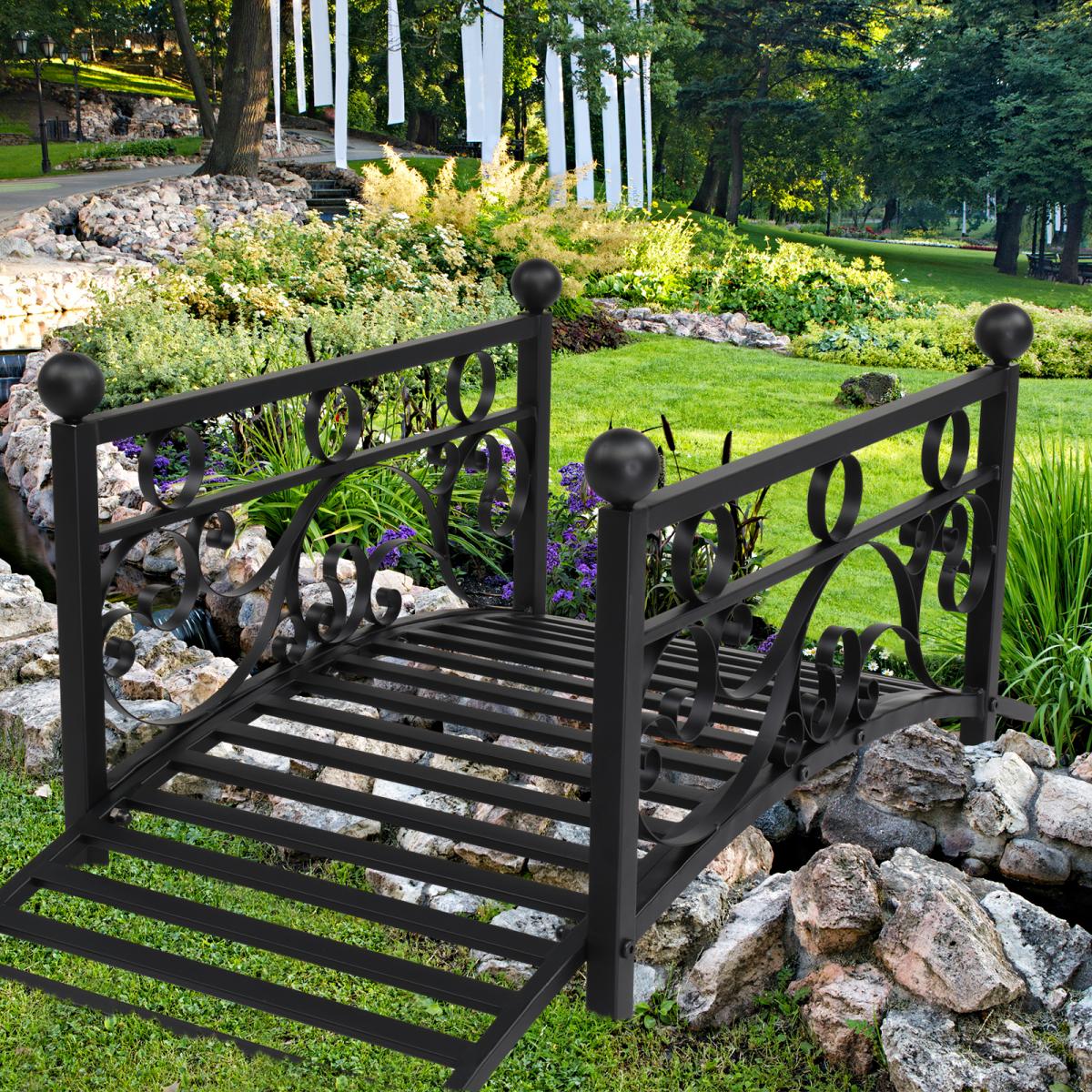 Metal Garden Bridge Outdoor Patio Pond Bridge with Powder-Coated Finish and Security Guardrail - Black