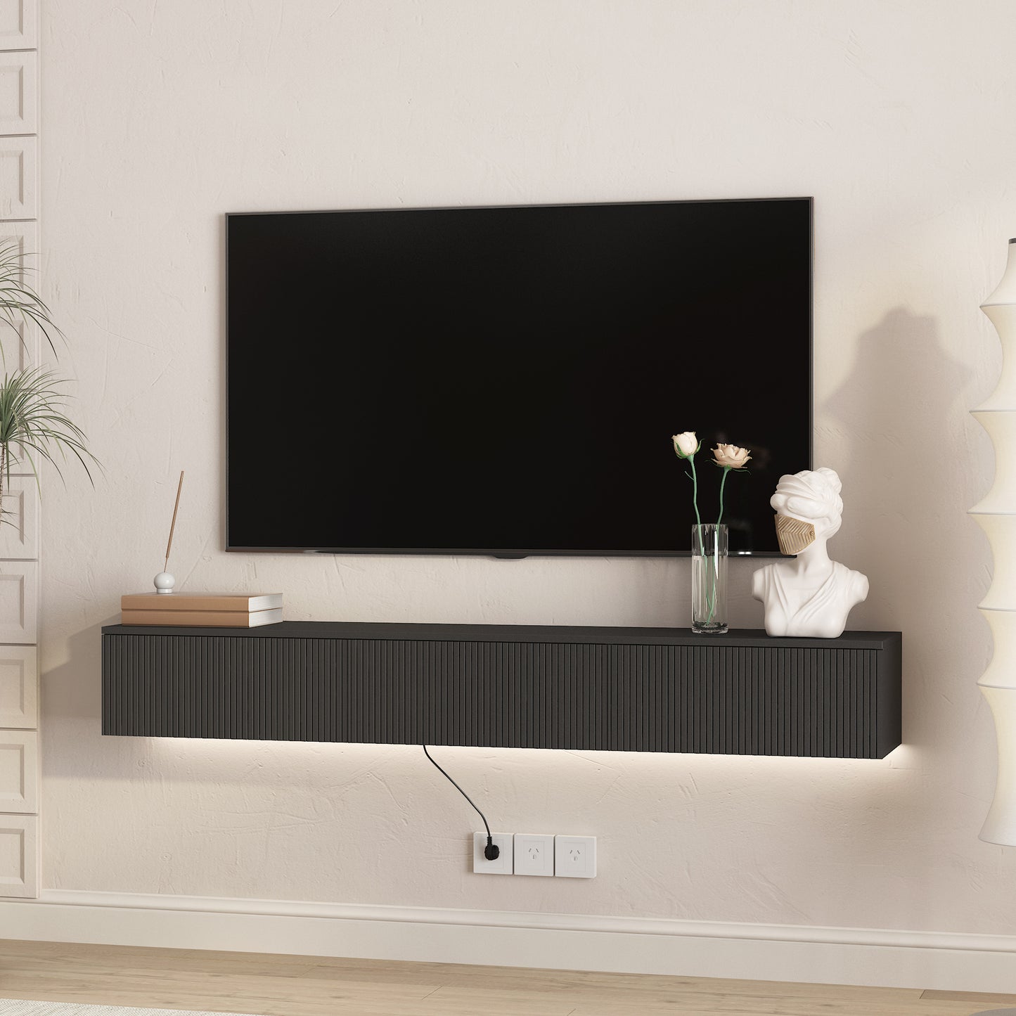 Floating TV Stand Wall Mounted with 16 Color LEDs - Black