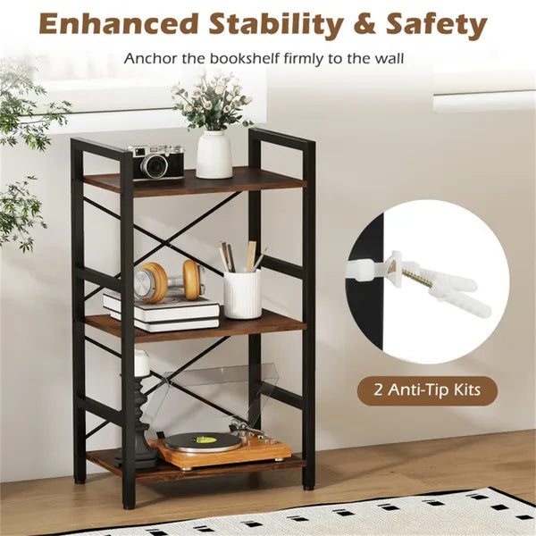 4-Tier Industrial Bookshelf - Rustic Brown & Black, Heavy-Duty Metal Frame