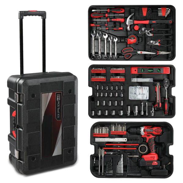 599-Piece Power Tool Set with 21V Cordless Drill and Rolling Toolbox