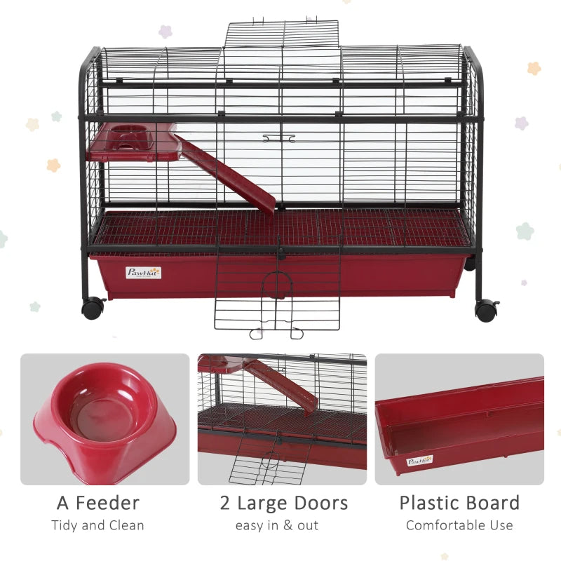 Small Animal Cage with Ramp & Feeder - Mobile Pet Hutch for Rabbit & Ferret, 41.5 Inch