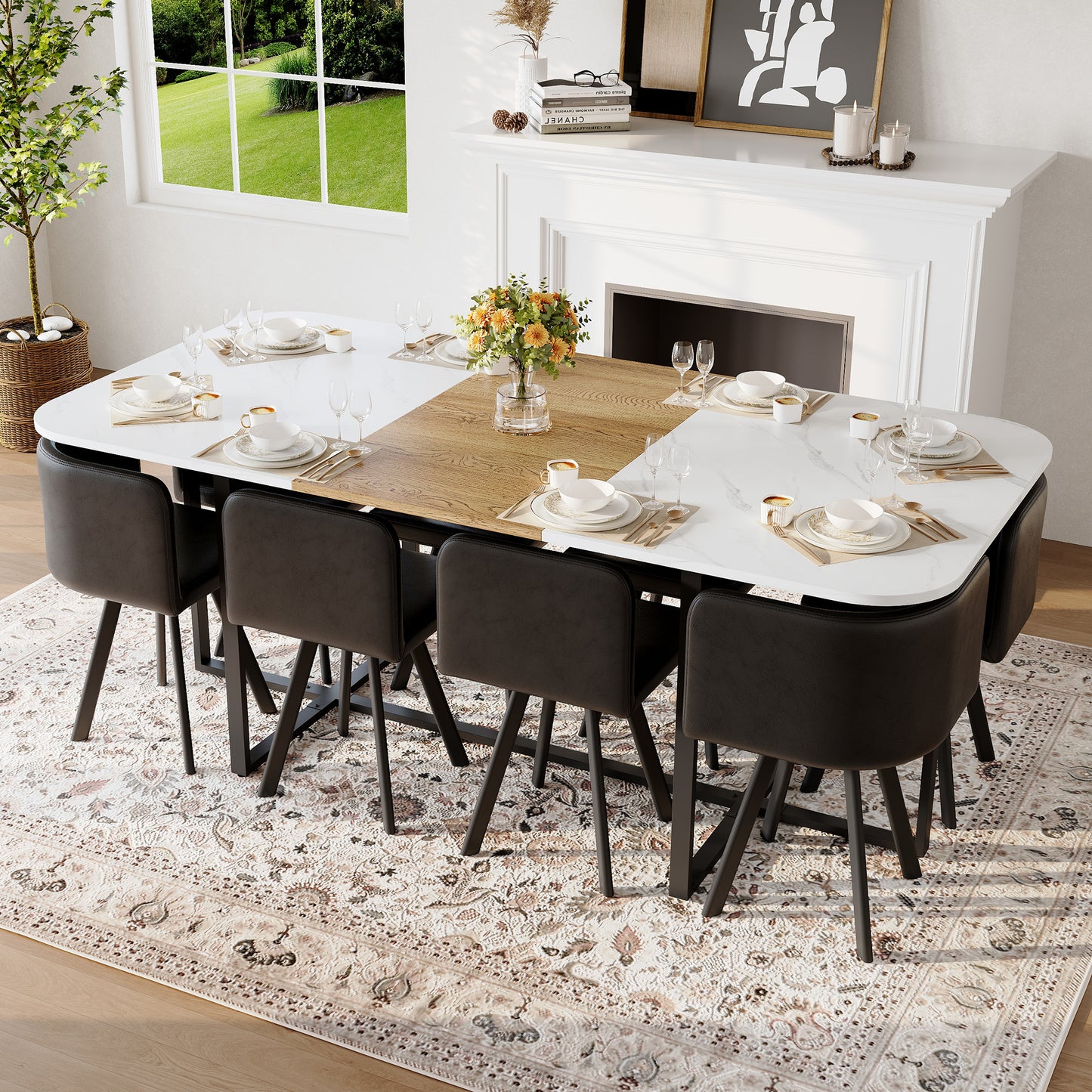 9-Piece Square Dining Table Set, Fixed White Faux Marble & Wood Grain