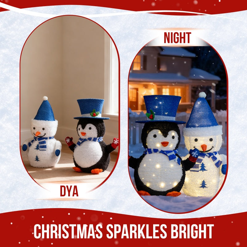 Set of 2 Lighted Plush Penguin and Snowman Christmas Decorations