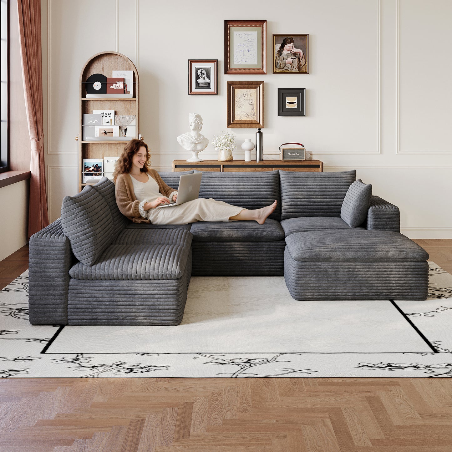 Cloud Sofa - 99x103" Dark Grey Corduroy Fabric, Deep Seat, DIY Modular Design