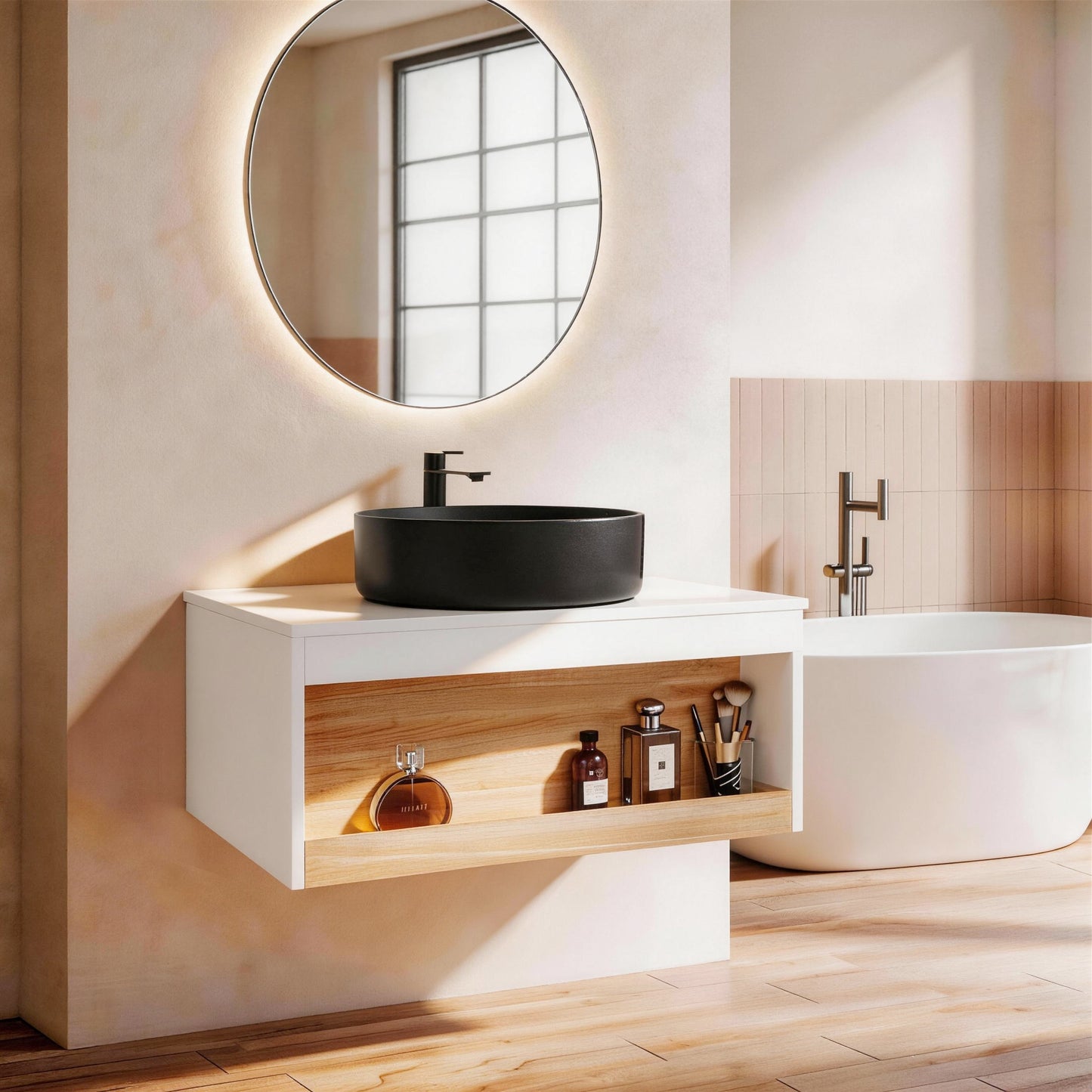 30" Floating Bathroom Vanity with Round Vessel Sink - White