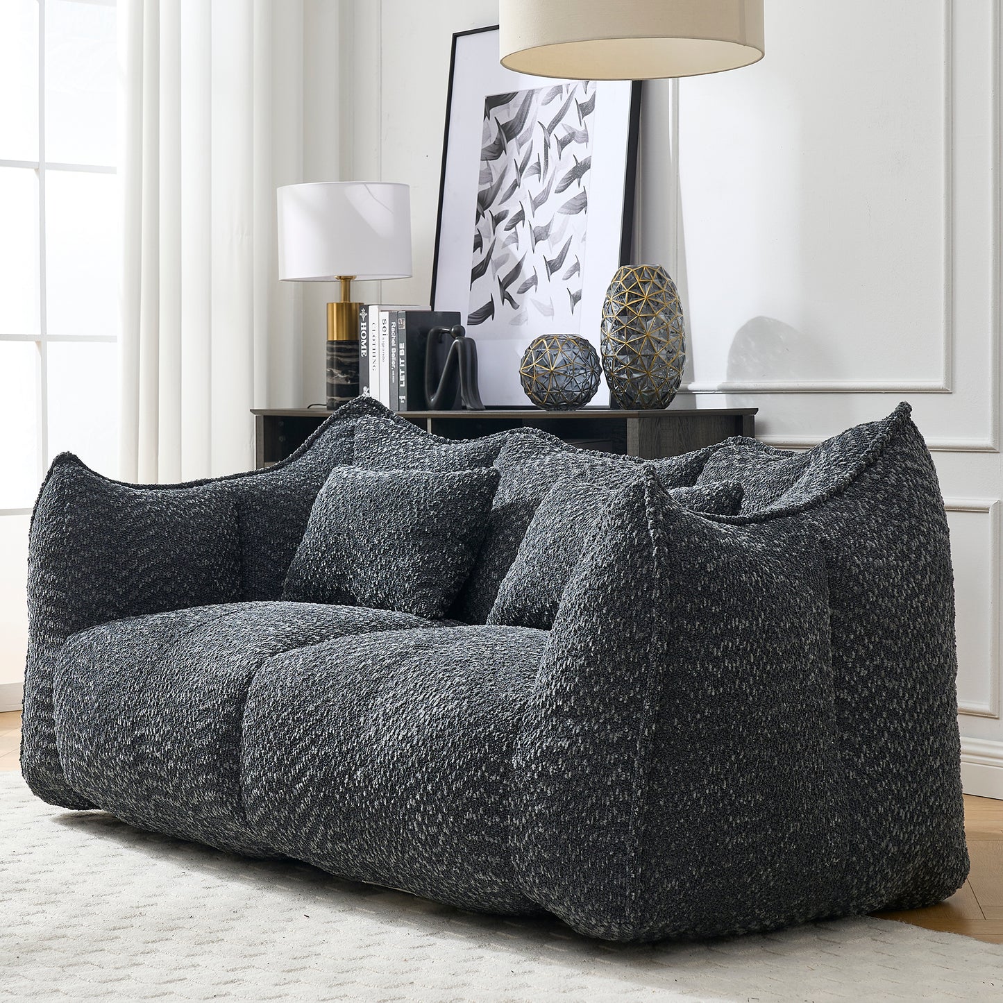 Comfortable Square Beanbag Chair for Two - Black Chenille
