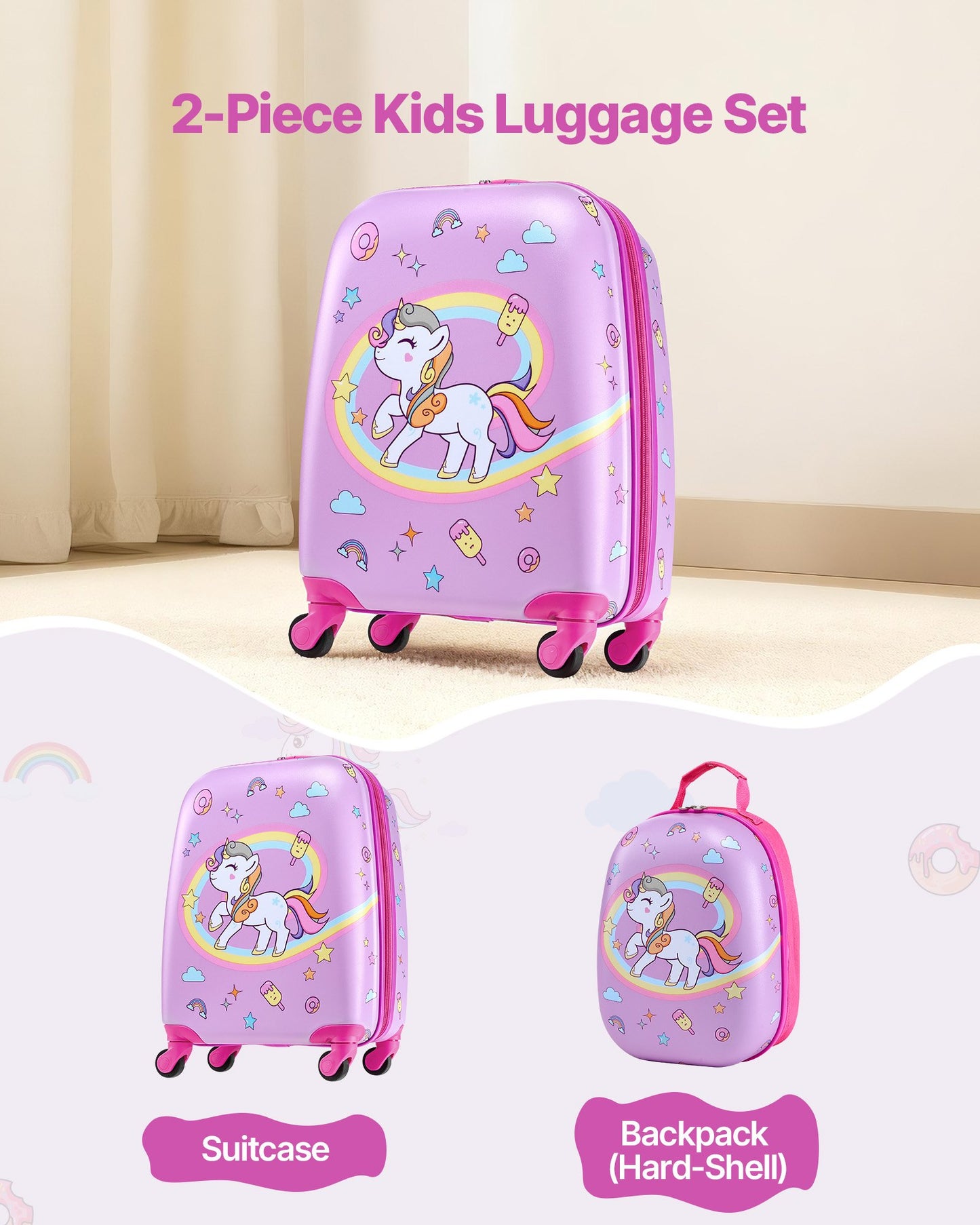Kids Luggage Set 2-Piece 18 Inch Hard Shell Suitcase with Backpack - Unicorn Travel Gift