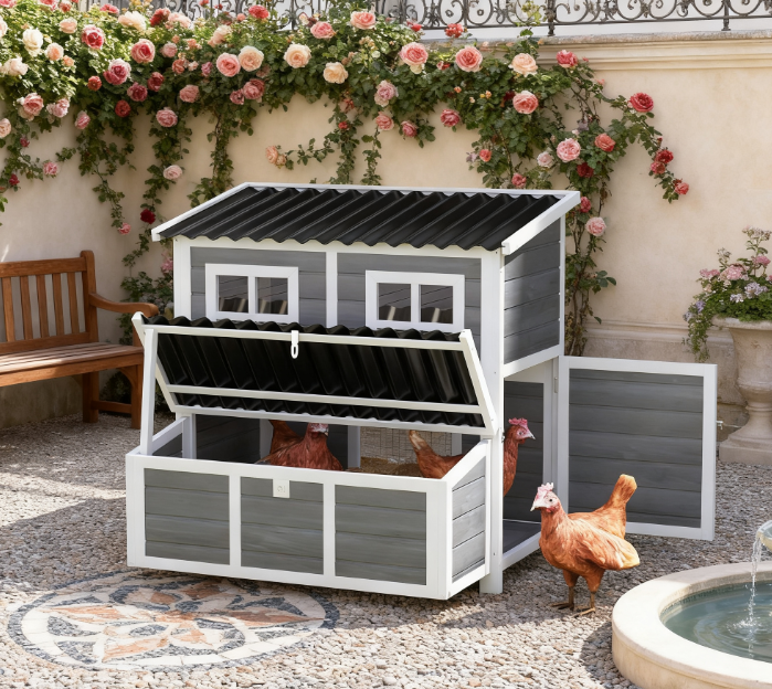 Wooden Chicken Coop with Nesting Box - Large Pet House for Poultry, Light Gray