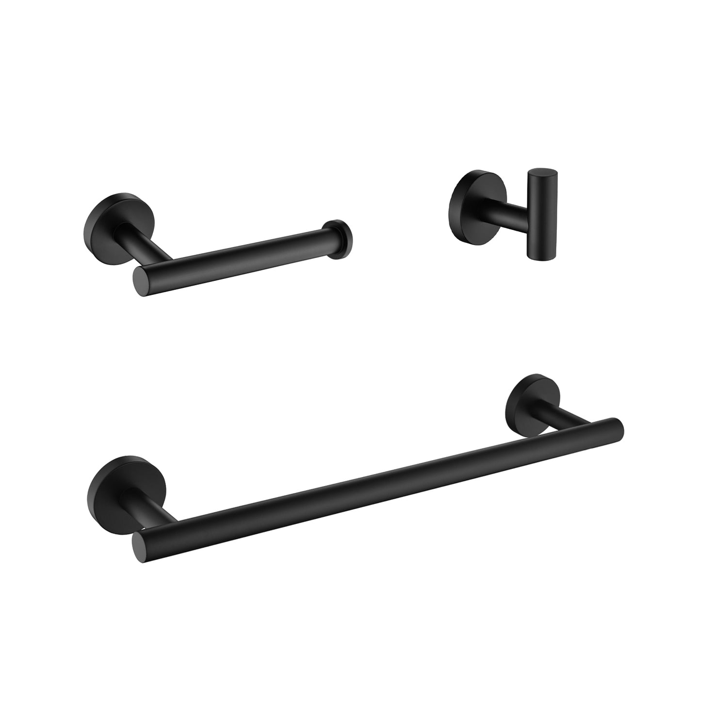 3-Piece Bathroom Hardware Set - Towel Bar, Toilet Paper Holder, Robe Hooks - Matte Black