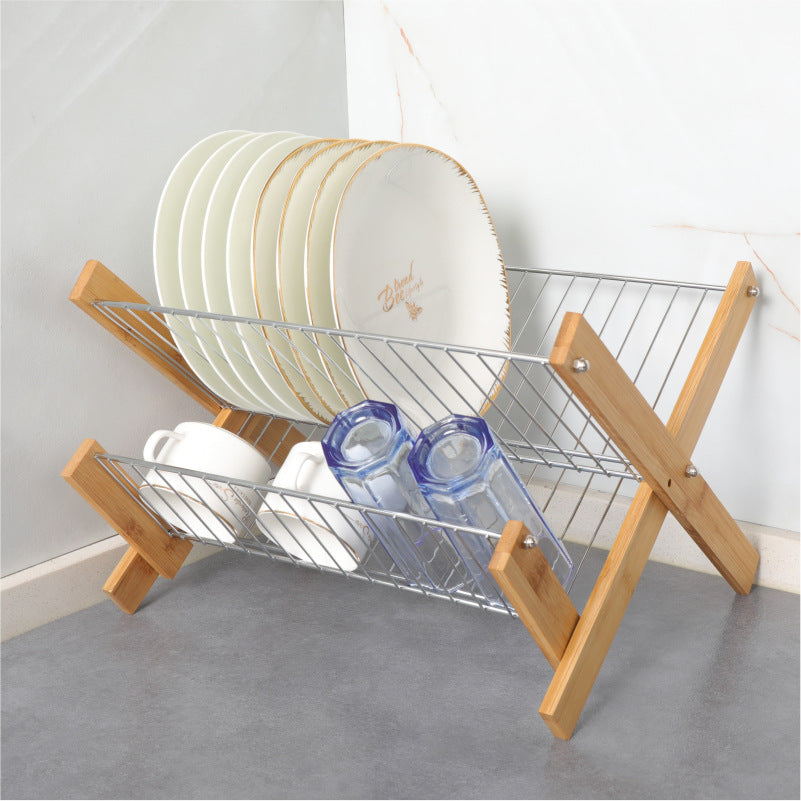 Folding Bamboo Kitchen Dish Draining Storage Rack with Steel Frame