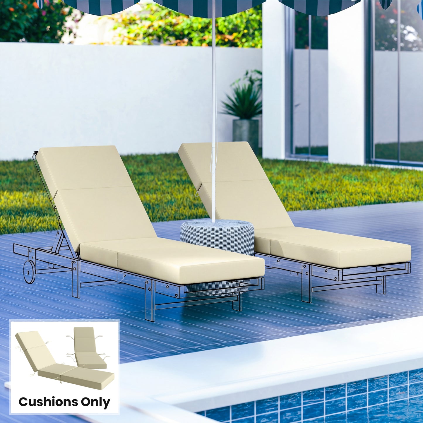Outdoor Lounge Chair Cushions - Set of 2, 4" Thick, Cream White