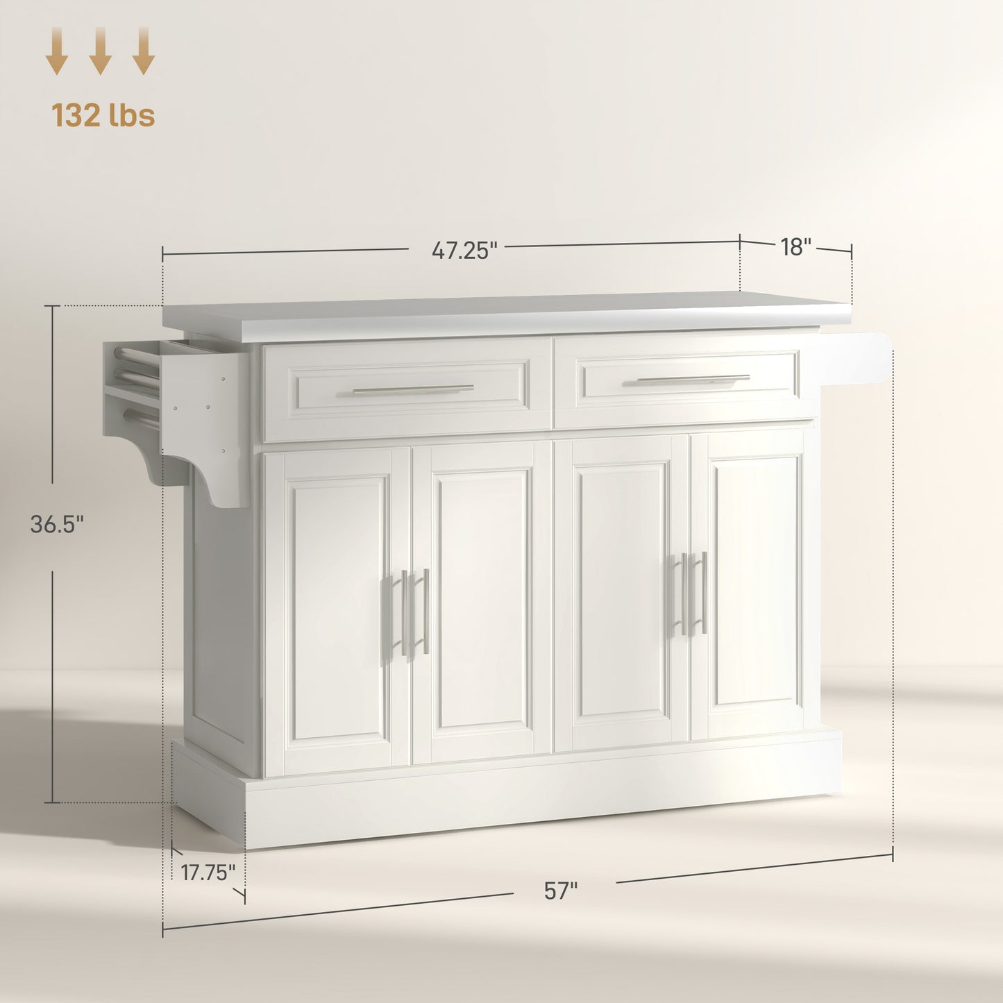 Rolling Kitchen Island Cart with Stainless Steel Top - Cream White