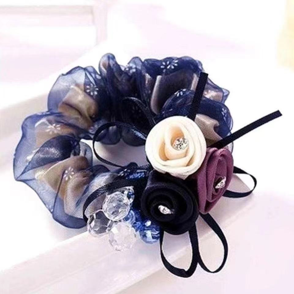 Large Intestine Flower Scrunchies with Rhinestones & Pearls – Hair Accessories for Women
