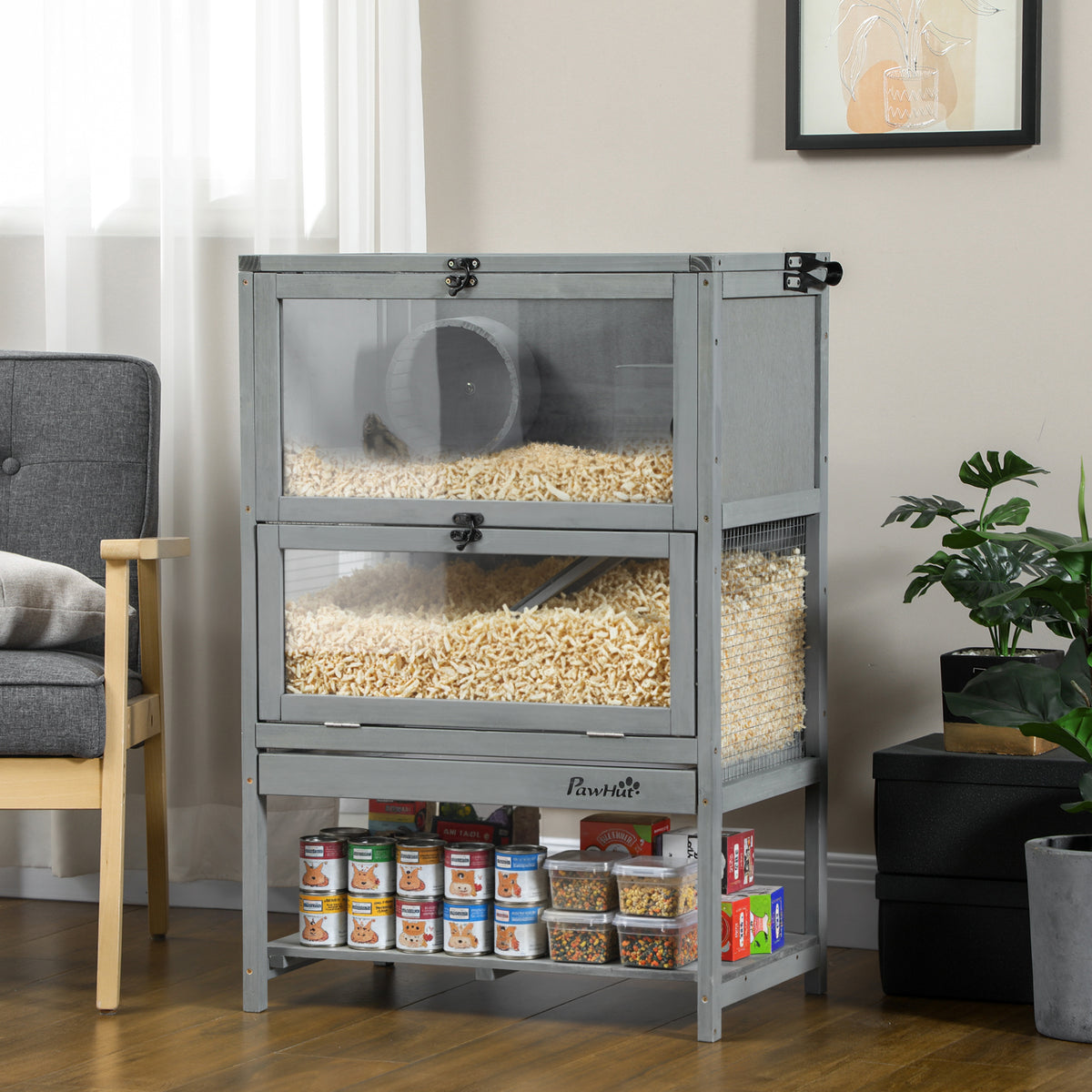 Large Wooden Hamster Cage with Storage Shelf, Wide Ramp & Running Wheel