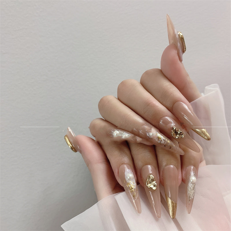Rich Girl Nail Art Kits - Milk Tea Long False Nails with Glue & Tools