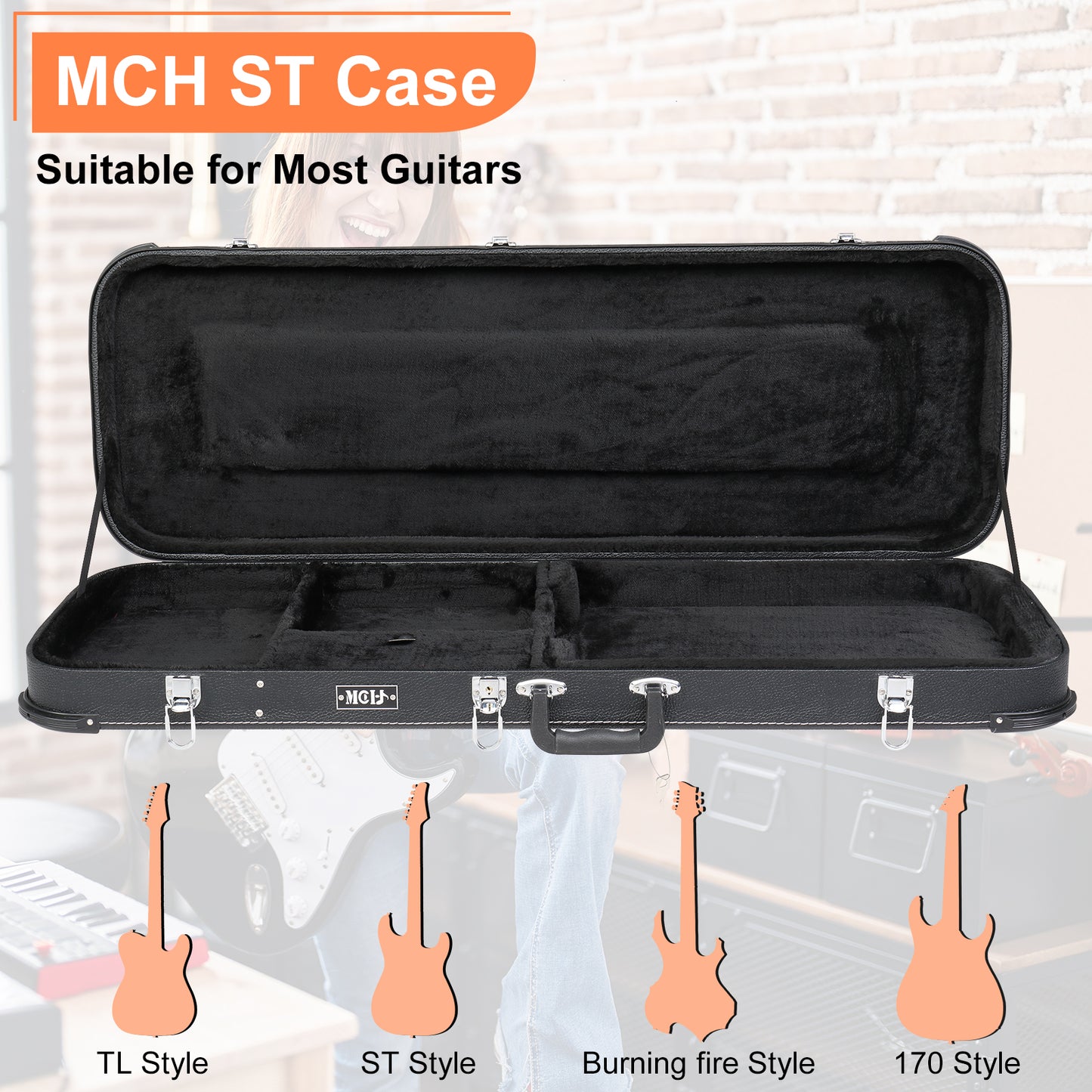 Electric Guitar Hard Case - Black Leather Square Design
