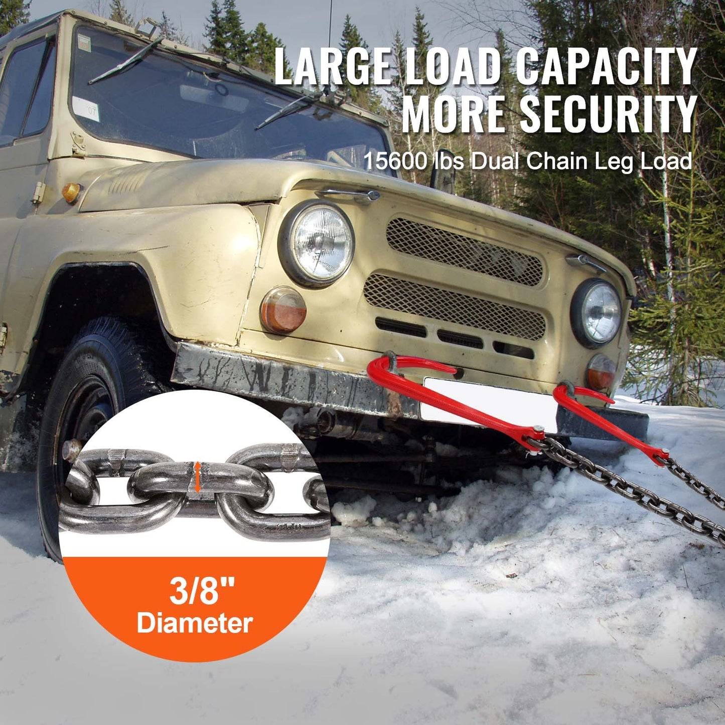G80 Tow Chain with V Hook - Heavy Duty 3/8 Inch, 3 Feet, 15600 Lbs Capacity