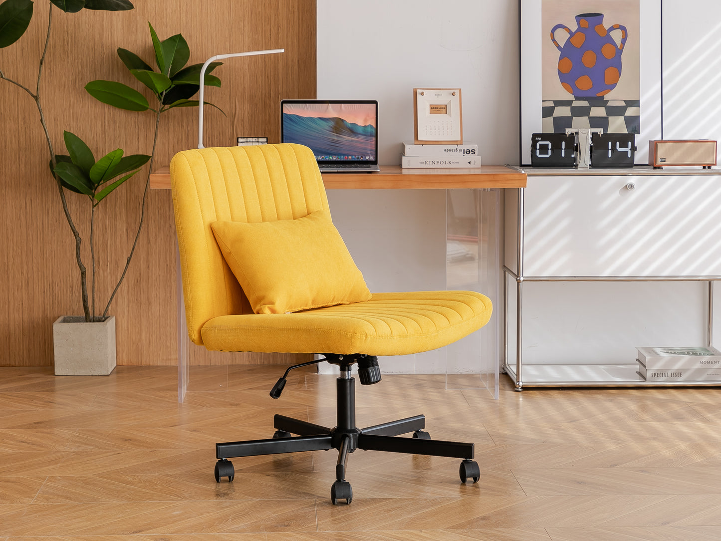 Yellow Linen Criss Cross Office Chair with Wheels - Ergonomic Design