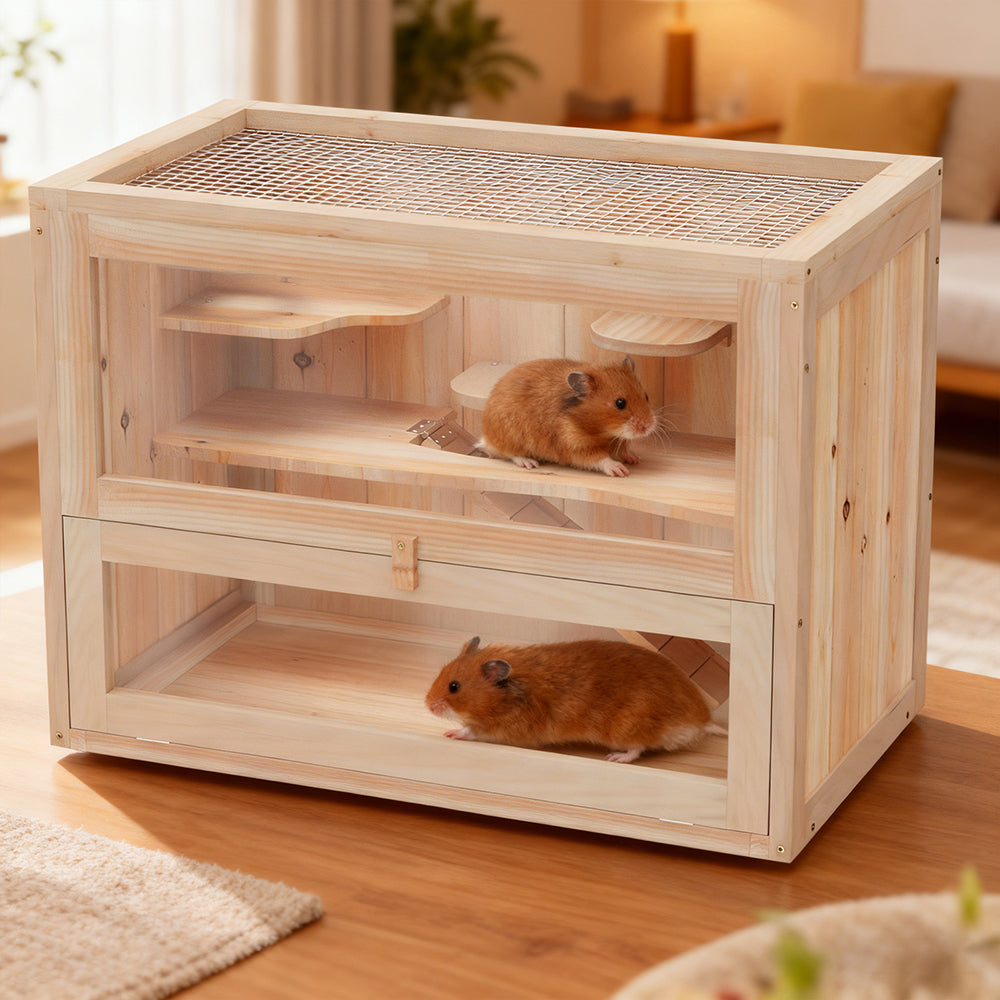 2-Level Small Animal Cage for Hamsters Mice Rodents with Open Top & Ramps - Nature Wood