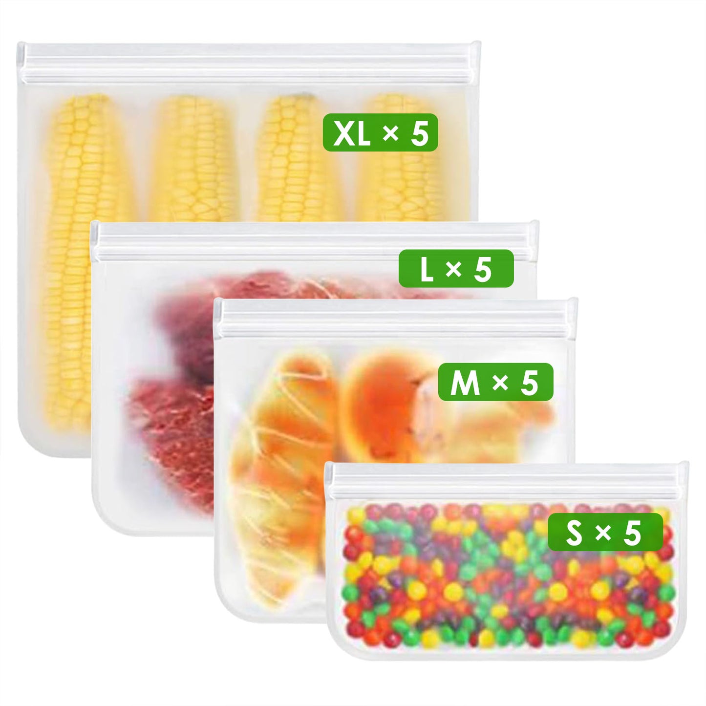 20 Pcs Reusable Food Storage Bags - Leakproof & BPA Free