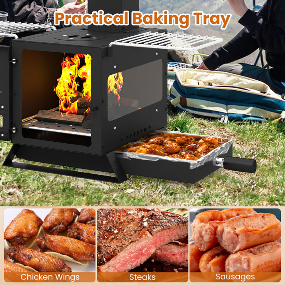 Portable Wood Burning Stove with Oven Pan & Rack - Black