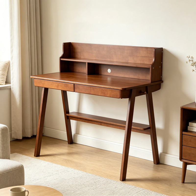 Solid Wood Mid-Century Writing Desk with Drawers - Natural