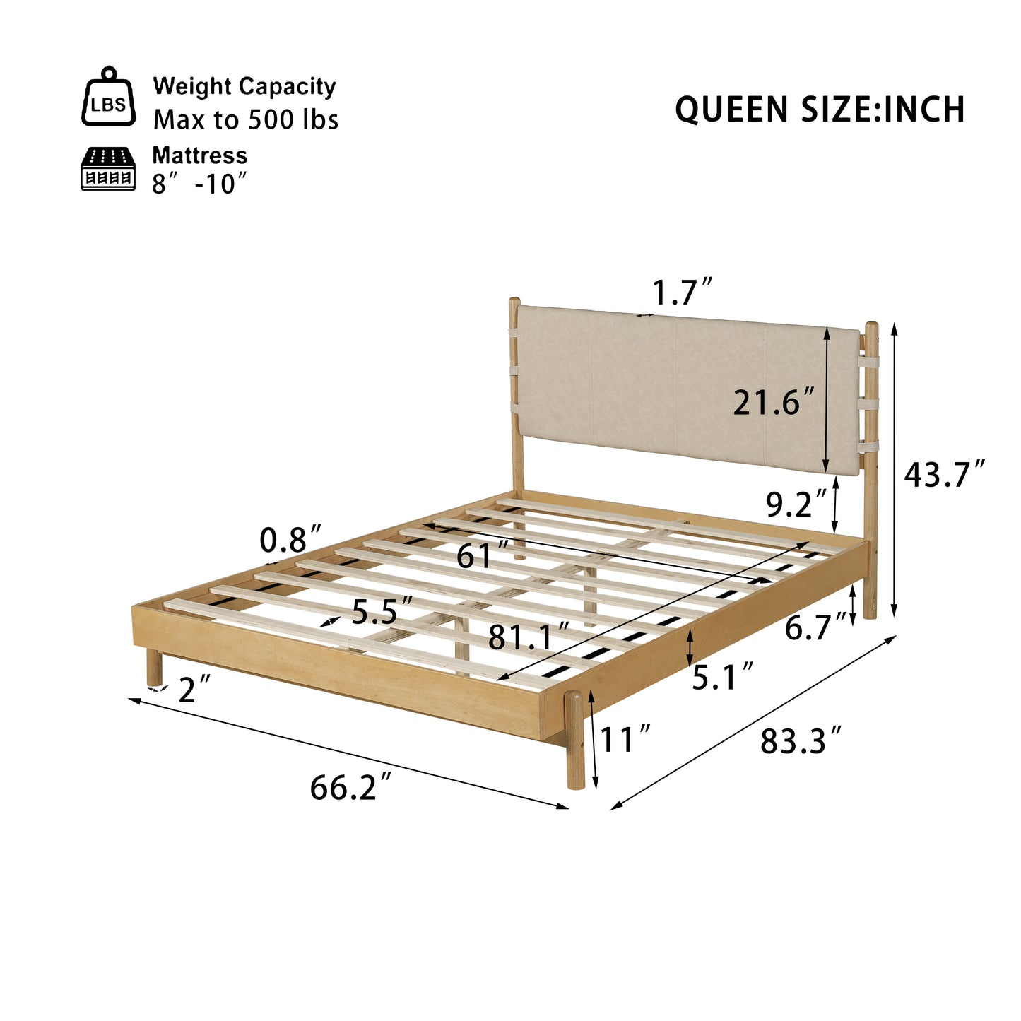 Premium Rubber Wood Platform Bed Frame, Queen Frame With Headboard