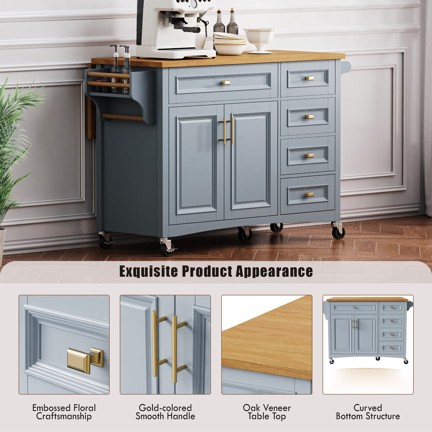K&K 52 Kitchen Island With Drop Leaf, Embossed Texture On Wheels