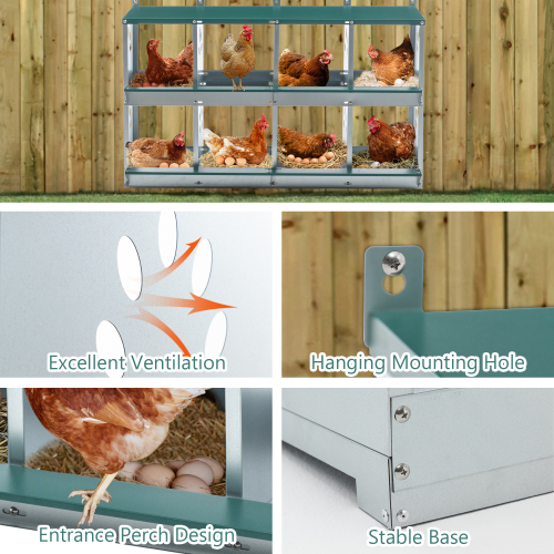 Metal Chicken Nesting Boxes with Vented Holes - Wall Mount Egg Laying Coop, Green