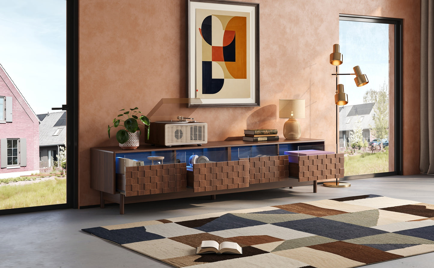 78 Inch TV Stand for Living Room - Modern Entertainment Center with LED Lights and Glass Drawers