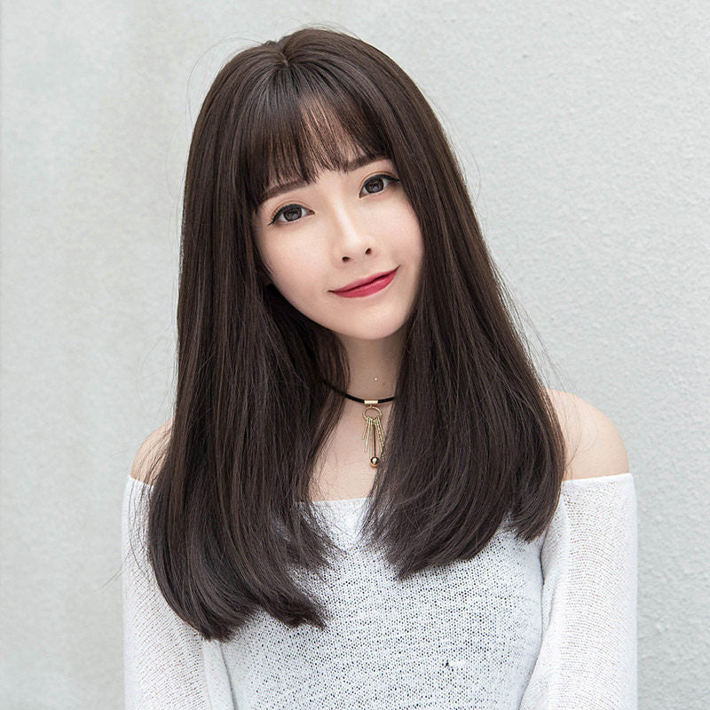 Air Bangs Medium Long Straight Wig | Synthetic Hair